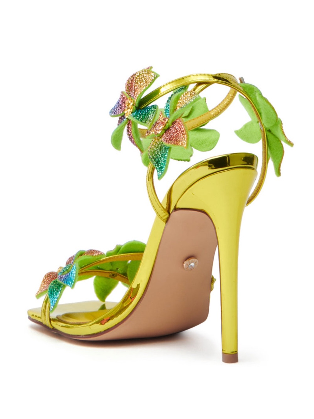 AKIRA Metallic Gold Floral Crystal Ankle-Strap Heel - Picture 3 of 4